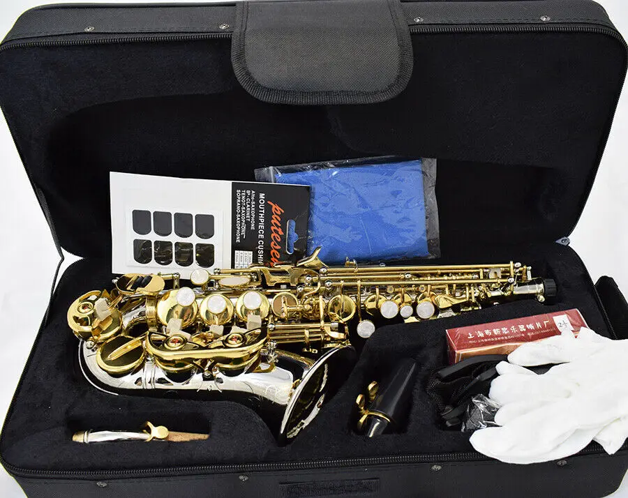 

Soprano Saxophone Small Curved Neck B Flat Instrument Nickel Plated with Case