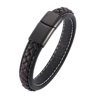 punk style leather rope bracelet for men jewelry stainless steel magnetic clasp bracelet bangles handmade male wrist band sp0012