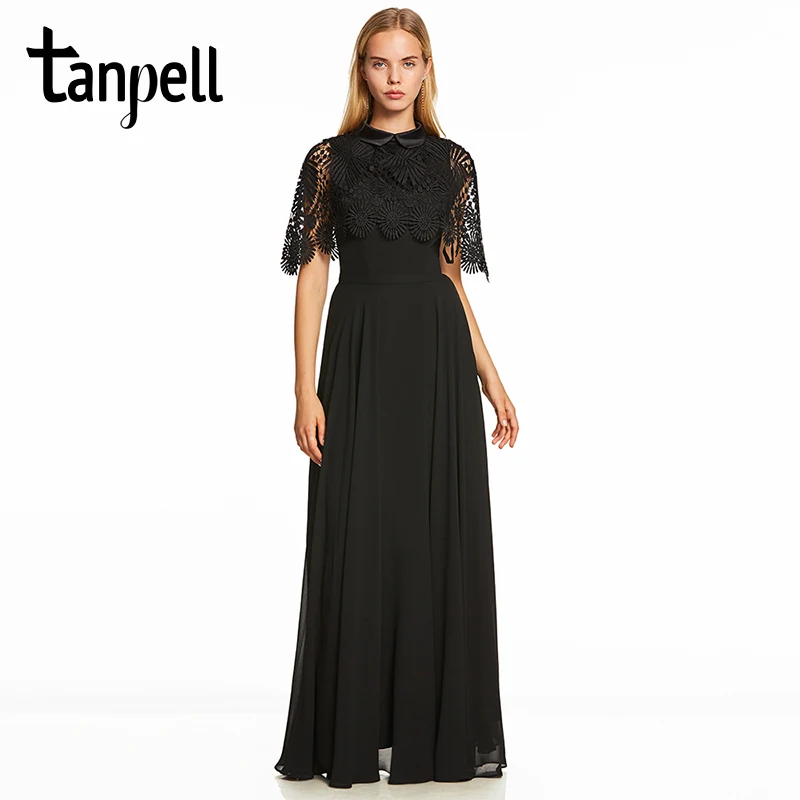 

Tanpell high neck lace evening dress elegant black half sleeves floor length a line gown women homecoming formal evening dresses