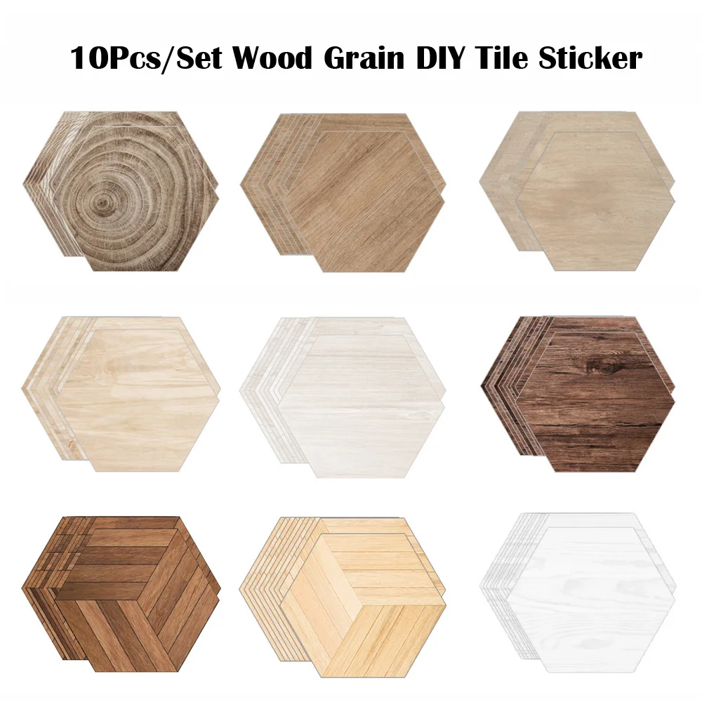 10Pcs/Set DIY Hexagon Wood Grain Wall Stickers Creative Waterproof PVC Removable Tiles Non-slip Wall Sticker Kitchen Bathroom