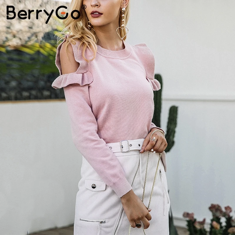 BerryGo Casual cold shoulder knitted sweater women Elegant Ruffle pink stringy pullover female Autumn winter jumper 2018 | Женская