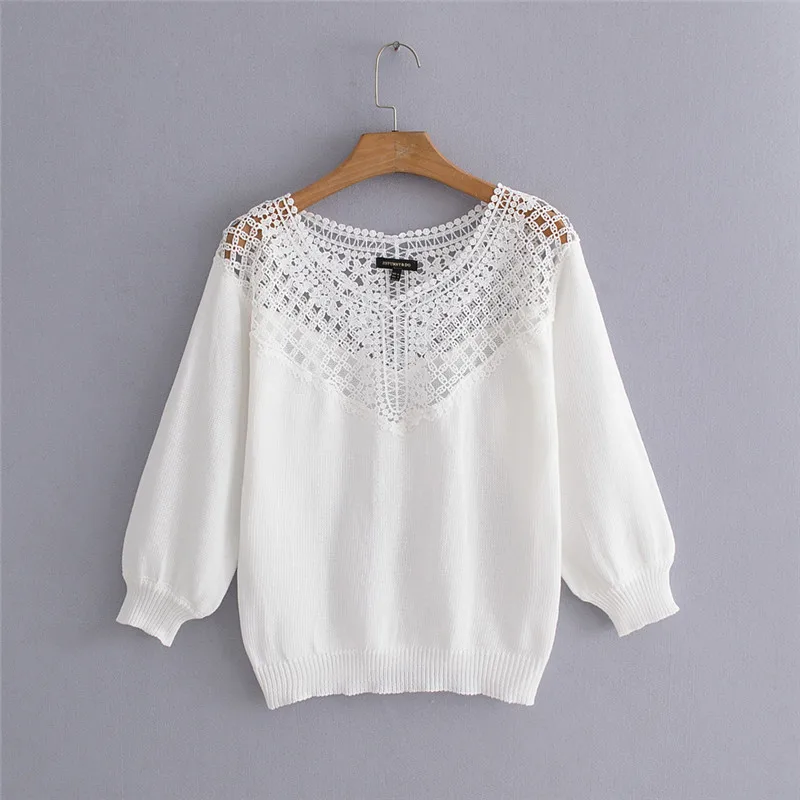 2018 Осень Кружева выдалбливают лоскутное Вязание Пуловер женский шерстяной