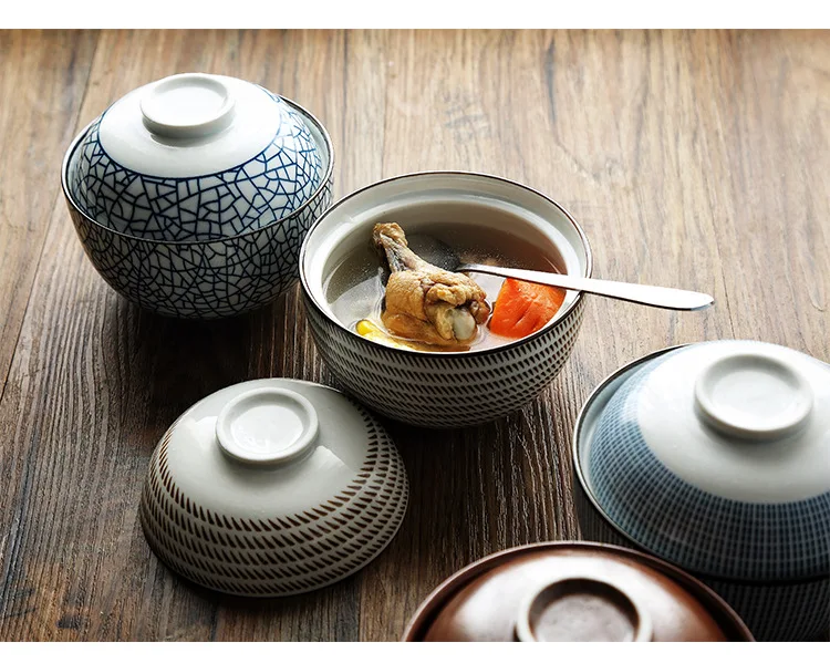 ANTOWALL японская HENGFENG 4,5 дюймов и 6,5 дюймов керамическая миска для супа с крышкой синяя и белая миска для риса тушеная мисо супница