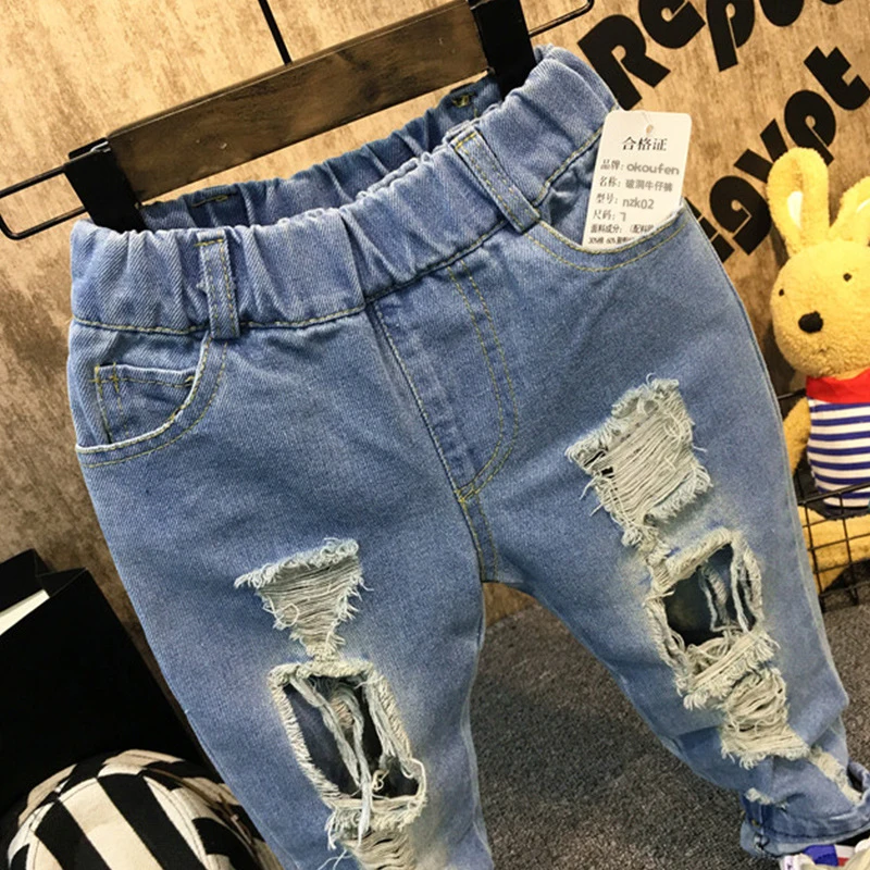 Джинсы с дырками для мальчиков и девочек длинные хлопковые джинсовые брюки детей