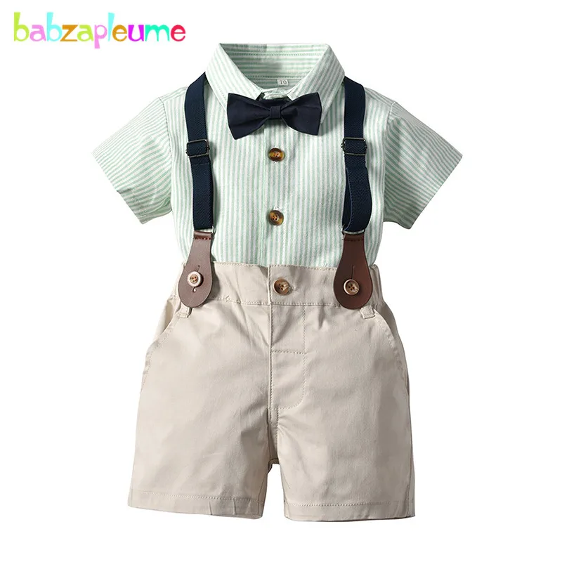 4Piece Summer Outfit Newborn Clothes Korean Fashion Gentleman Suit Baby Shirt+Shorts+Bow+Straps Infant Boys Clothing Sets BC1590 |