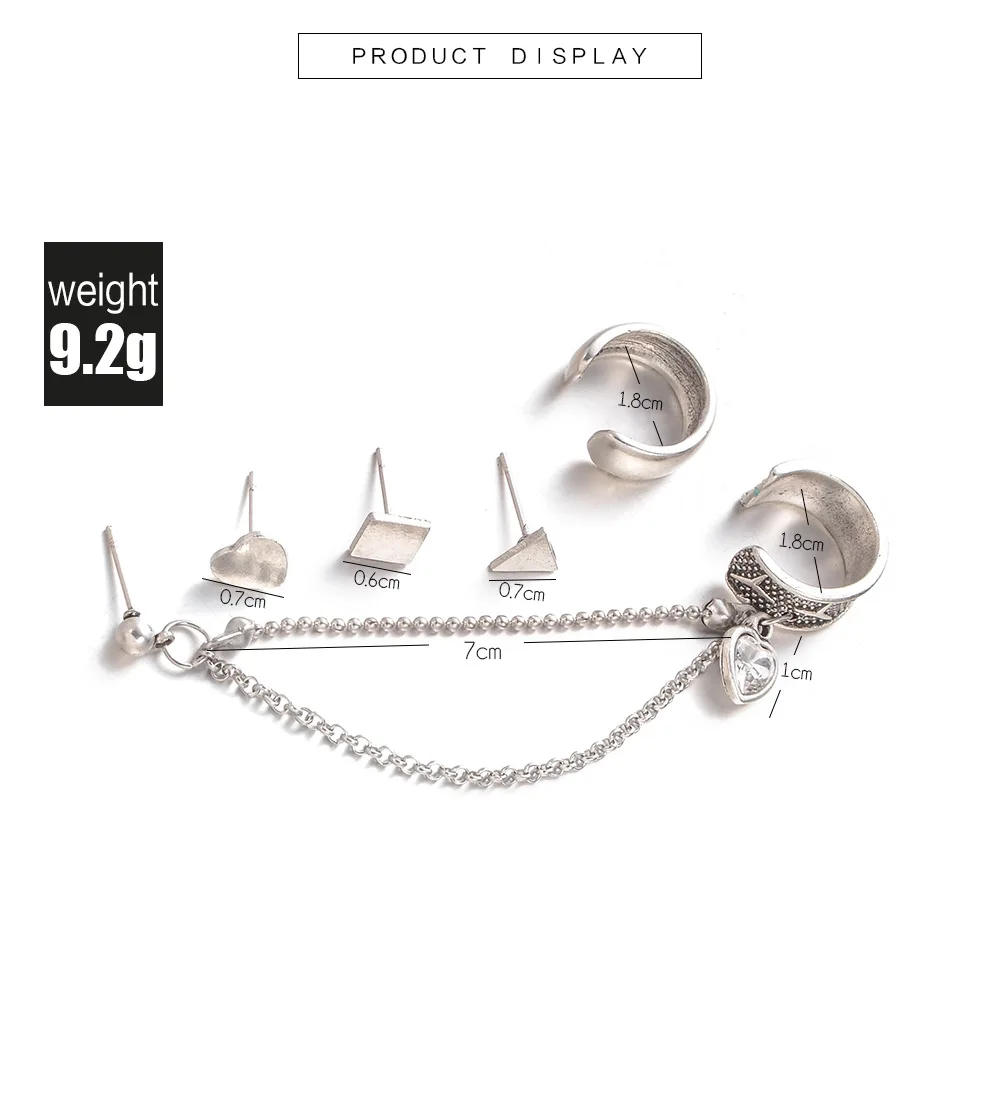 5pcs Vintage Simple Geometric Ear Studs Cuff Earrings for Women Retro Mix Design Triangle Circle Heart Piercing Earring Set Gift | Украшения