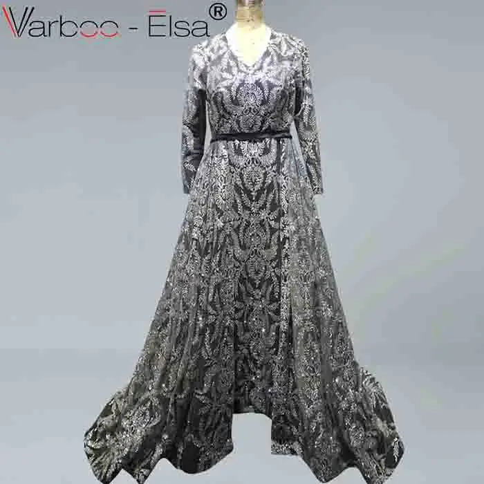 Серый VARBOO_ELSA роскошные черные золотые блестящие Русалка с длинными рукавами вечернее платье Саудовская Аравия Дубай Сексуальные вечерние платья для выпускного вечера - Цвет: Серый