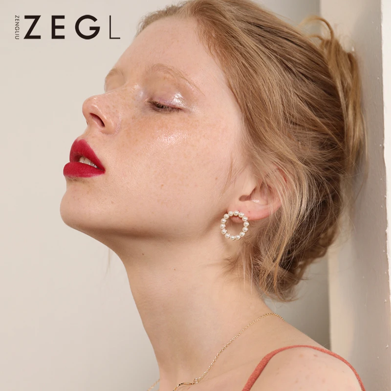Женские корейские серьги ZEGL круглые для банкета открытые с искусственным