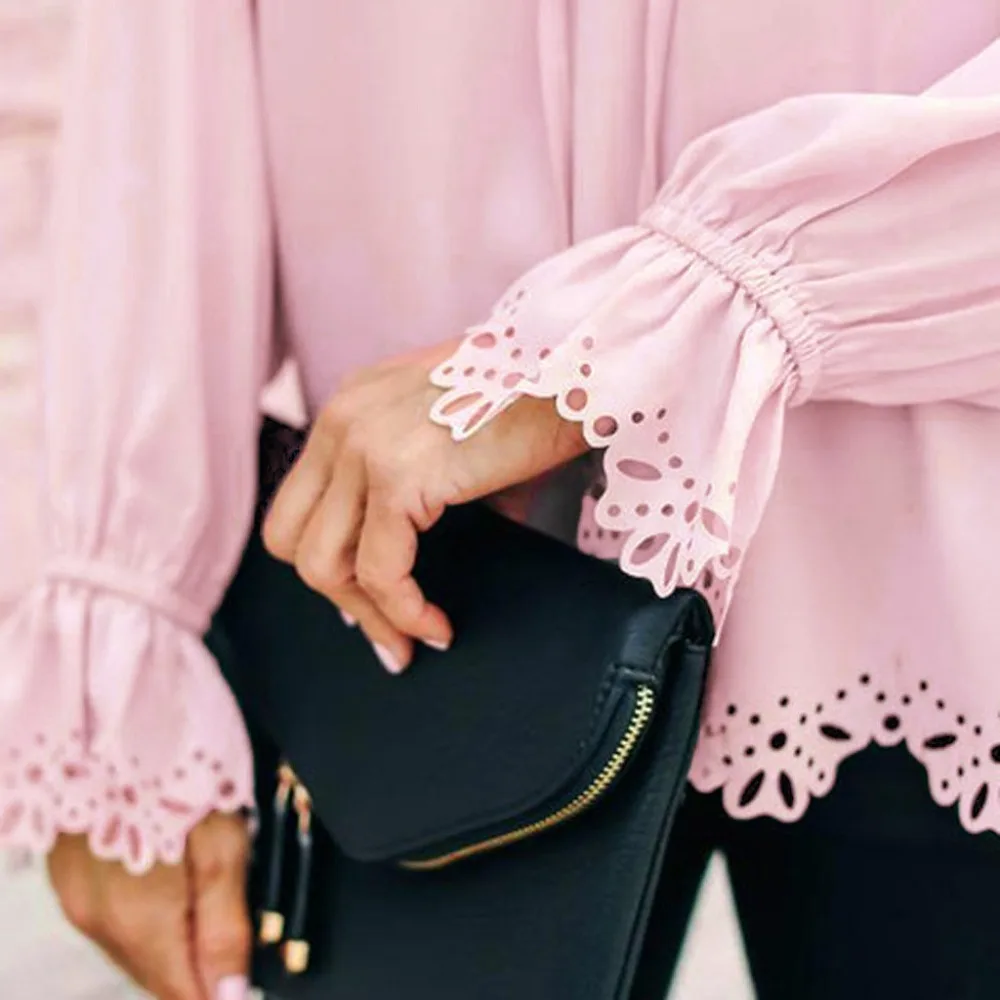 Новинка 2019 женская модная Соблазнительная блузка и рубашка однотонная кружевная