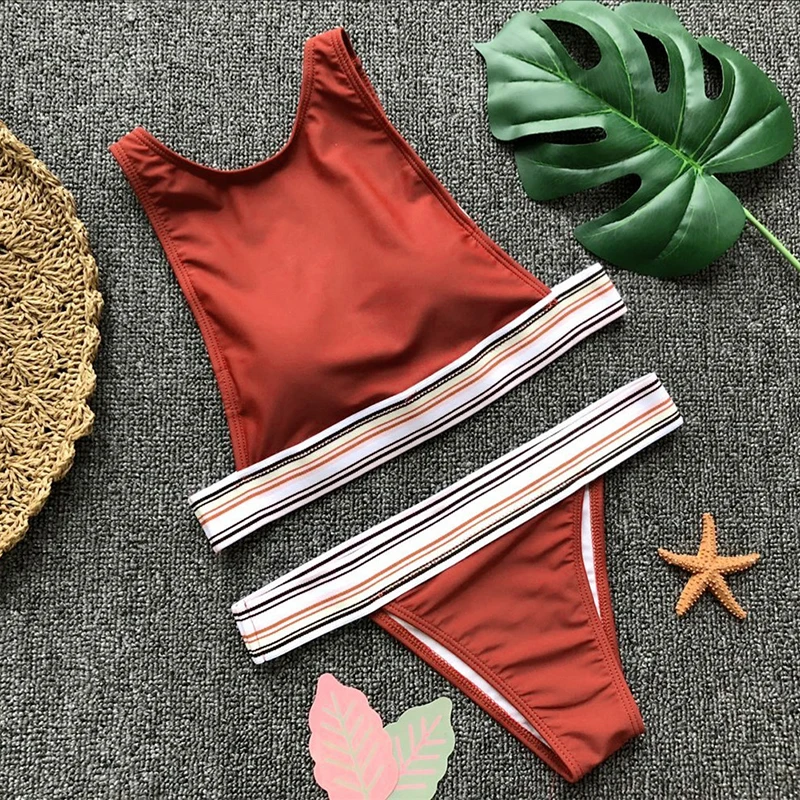 Женский купальник с высокой талией красный бюстгальтер бретелькой через шею