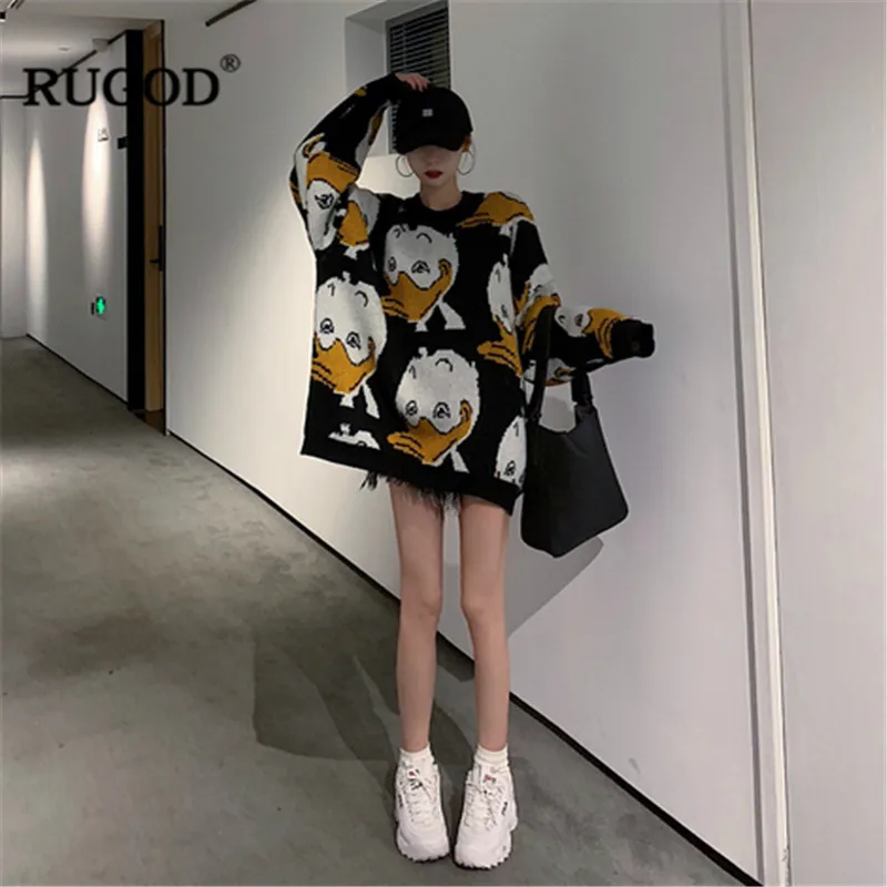 RUGOD 2020 Korean Print Knitted Sweater New Winter Warm Long Pullovers Women Fashion Sleeve O Neck Jumper Tops | Женская одежда
