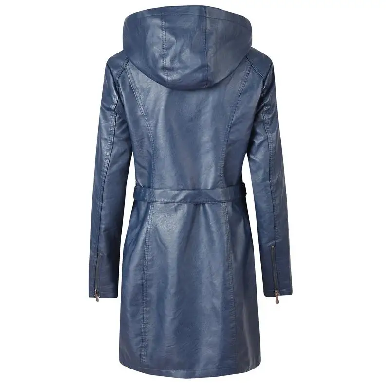 

2019 autumn Winter Women Faux Leather Jacket Waterproof Hooded Trench Zipper lace up Plus velvet pu Jackets Outerwear P1312
