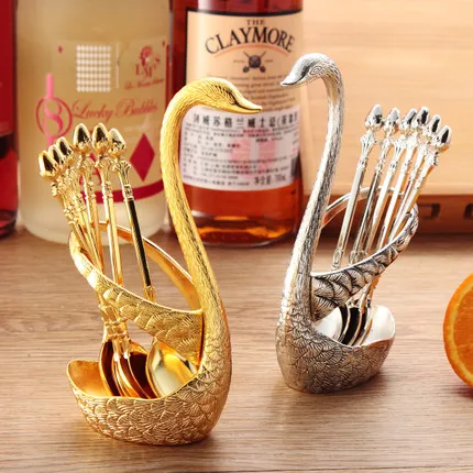 

Coffee spoon set Fruit fork set (6+1) with swan stand metal Dessert forks set