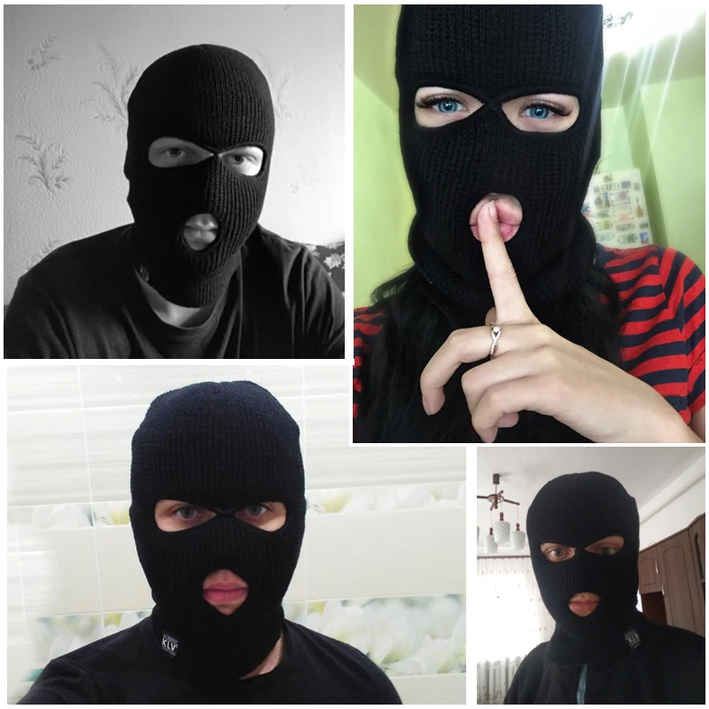 Новинка, Полнолицевая маска, 3 отверстия, вязаная шапка зима, растягивающаяся Снежная маска, шапочка, шапка, новинка, Черные Теплые маски для лица