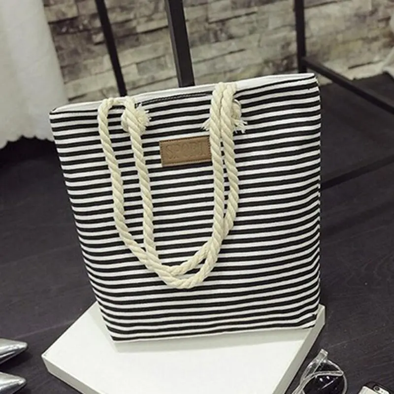 Новый Досуг Холст Shopper Bag Полосатый Печать Пляжные Сумки Tote Женщины Дамы сумка