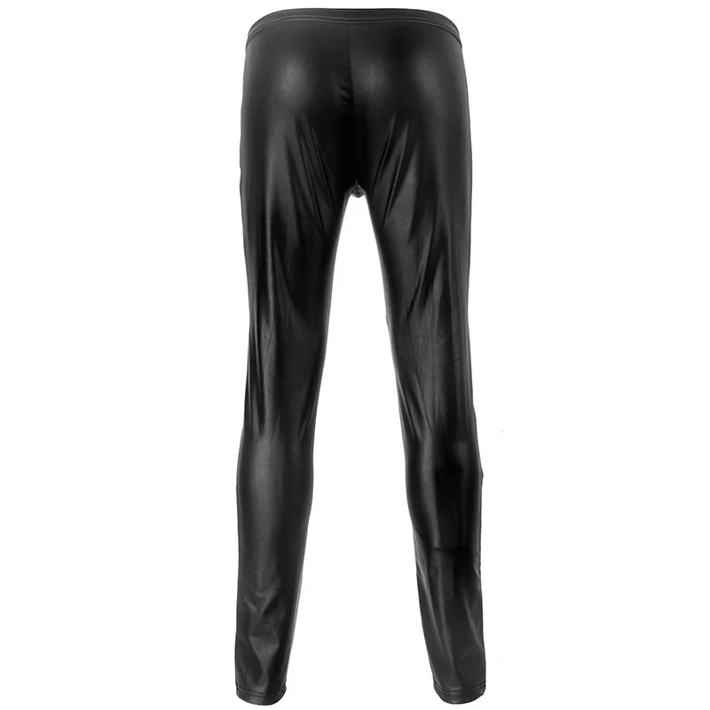 Wetlook/черные мужские облегающие брюки из искусственной кожи на молнии с шаговым