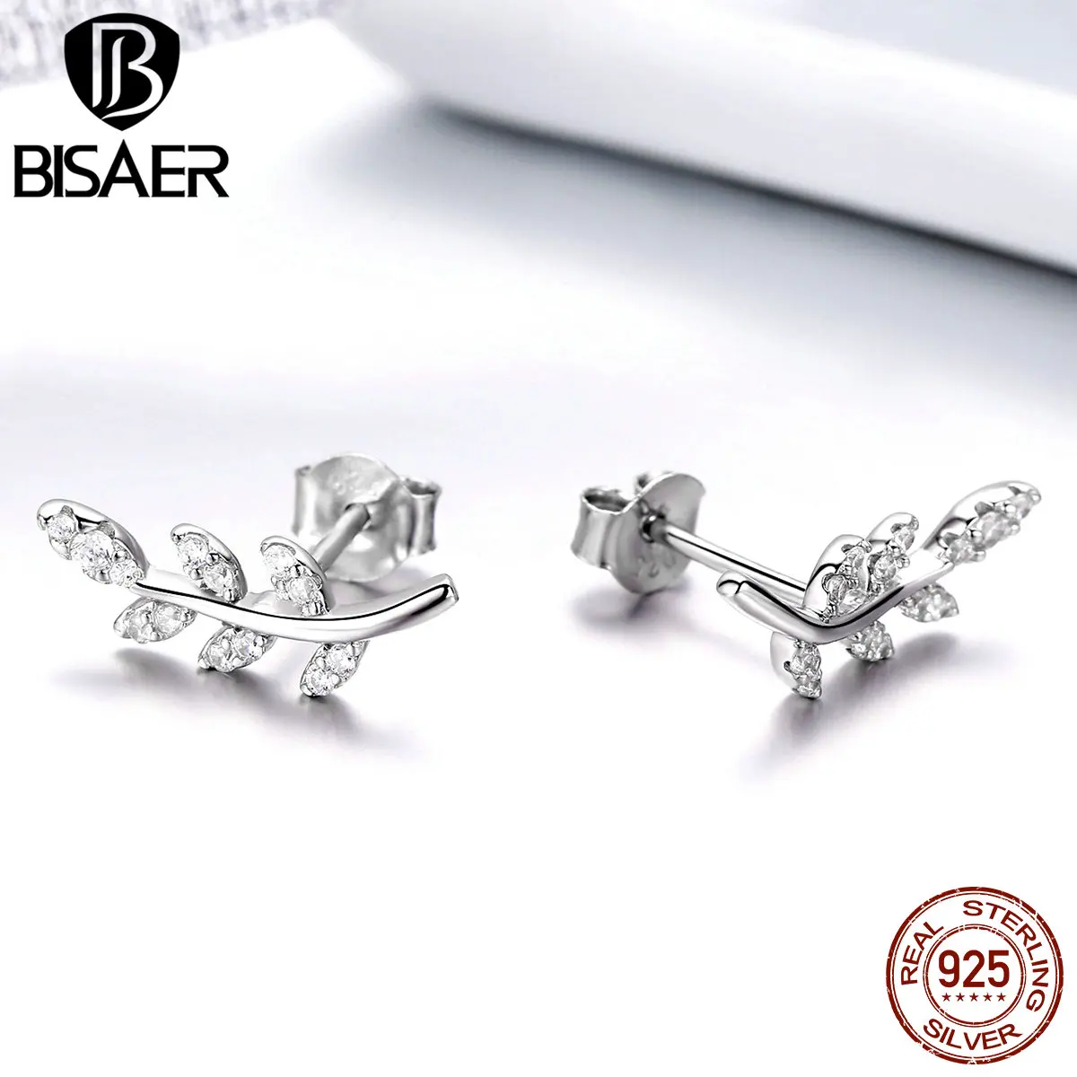 BISAER, 925 пробы, серебро, прозрачный, CZ, весенний лист, дизайн, женские серьги-гвоздики, женские свадебные Роскошные ювелирные изделия, серьги GAE031