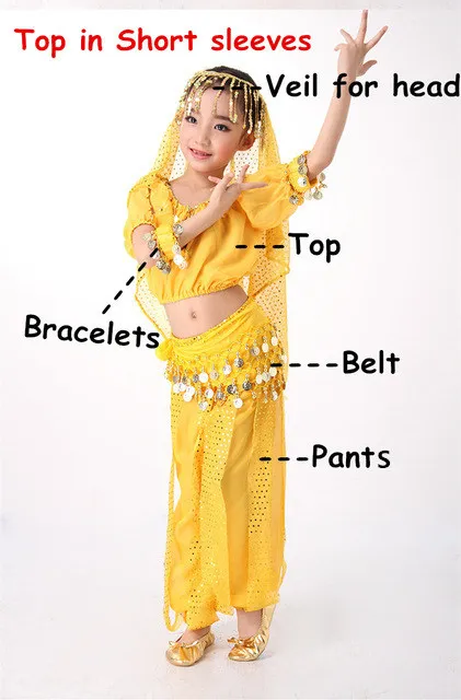 Yellow 6pc Набор костюма для танца живота восточные костюмы для детей костюмы для танца живота для девочек с короткими рукавами танцевальные костюмы - Цвет: Yellow 6pc