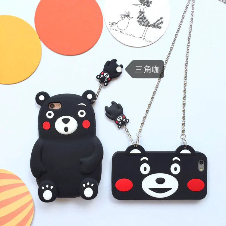 Cute Cartoon Kumamoto Bear Soft Silicone Phone Case for X 6 6s 7 Black 8 plus All-inclusive Back Cover Metal lanyard C0 |