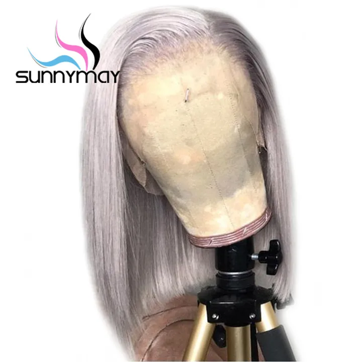 Sunnymay 13x4 серый цвет прямые человеческие волосы парики предварительно выщипанные 130% боб парики remy волосы на кружеве человеческие волосы парики отбеленные узлы - Цвет: grey color