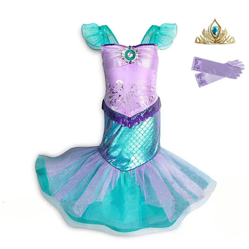 Dress Tiara Gloves PaMaBa/платье Русалочки для девочек; Детский карнавальный костюм принцессы Ариэль; детская одежда для дня рождения; Vestidos; товары для Хэллоуина - Цвет: Dress Tiara Gloves