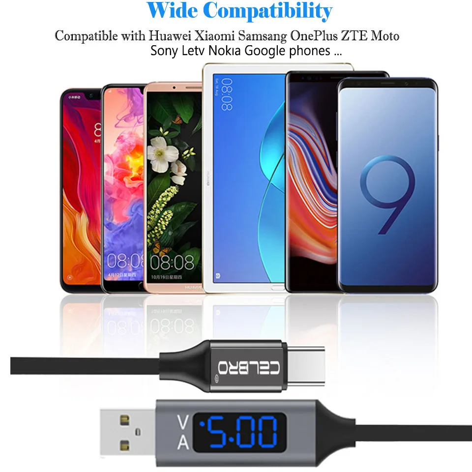 Usb type C кабель для быстрой зарядки светодиодный дисплей C type кабель Cabos для samsung Galaxy S10 A30 M20 S8 Xiaomi Mi A3 9t CC9 9 Se 8 usb-c