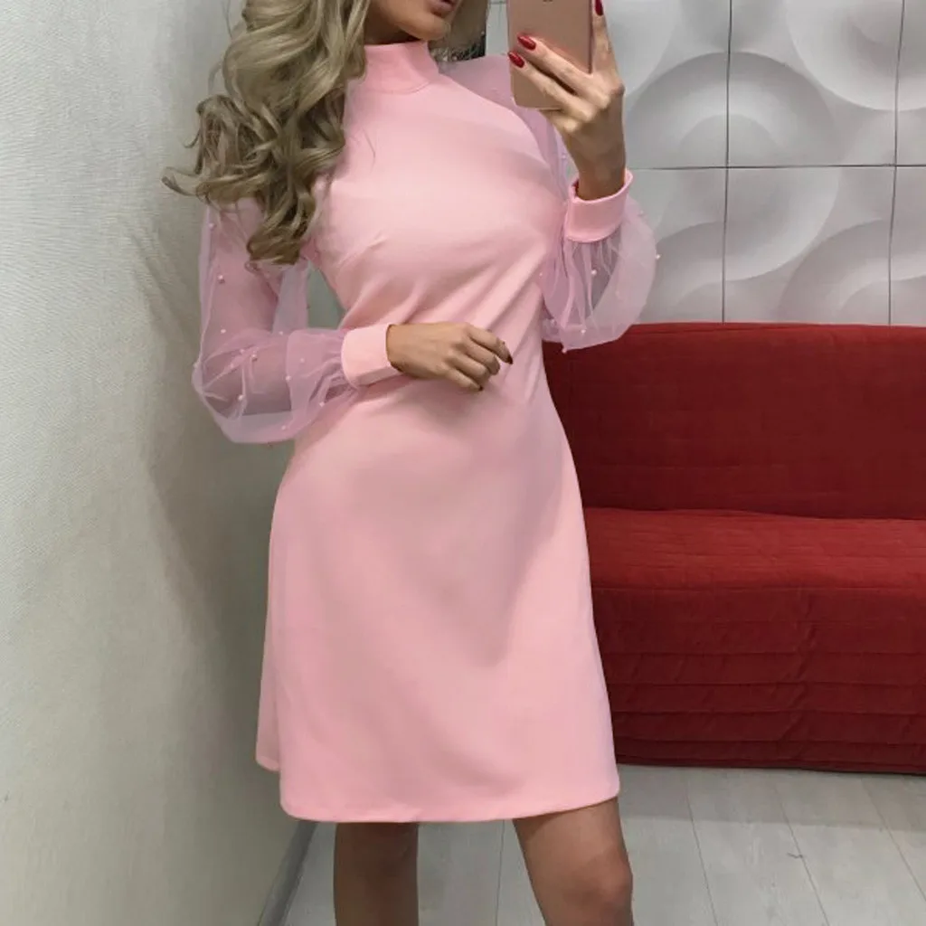 Женское Сетчатое платье с длинным рукавом и бусинами вечернее мини