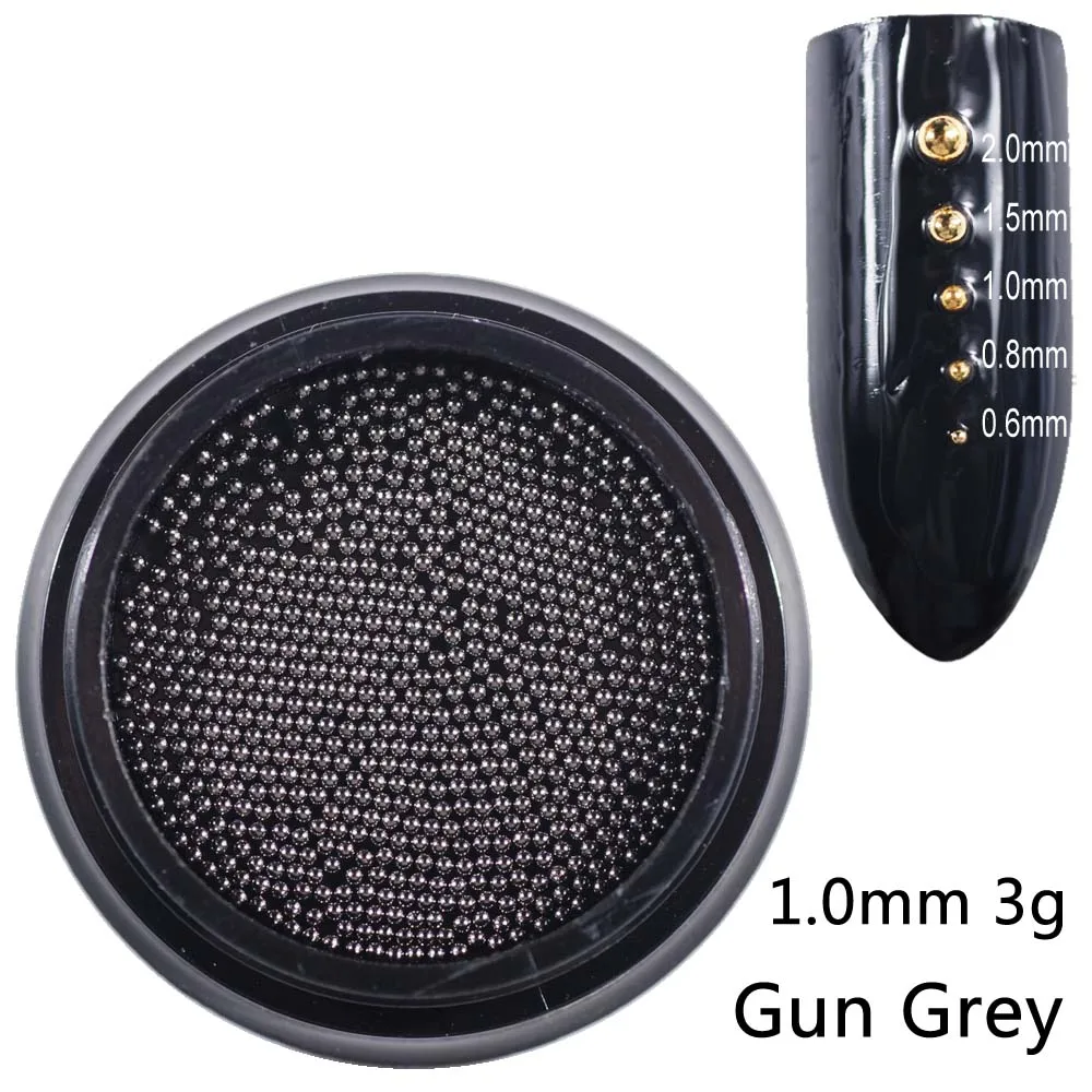 1.0mm gun grey 3g Бусины для ногтей, микро металлические бусины 0,6-2,0 мм, 3D Шпильки для ногтей, сплав, ювелирное изделие для ногтей, амулеты, принадлежности для художественных украшений, стальные шарики для икры - Цвет: 1.0mm gun grey 3g