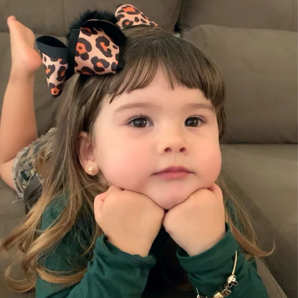 Банты для волос с леопардовым принтом девочек двухслойные заколки помпоном и