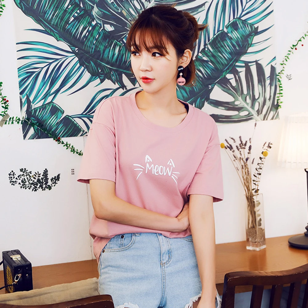 

New 100% Cotton Meow Print Women T shirt Cat T-Shirt Casual Funny Shirt For cat lover Graphic Tees summer tops Hipster Tumblr