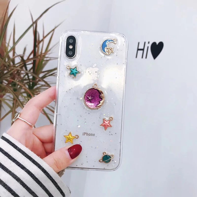 Fashion Moon Stars Planet Phone Case For iphone X Bling Glitter Universe 6S 6 7 8 Plus Cover Capa |