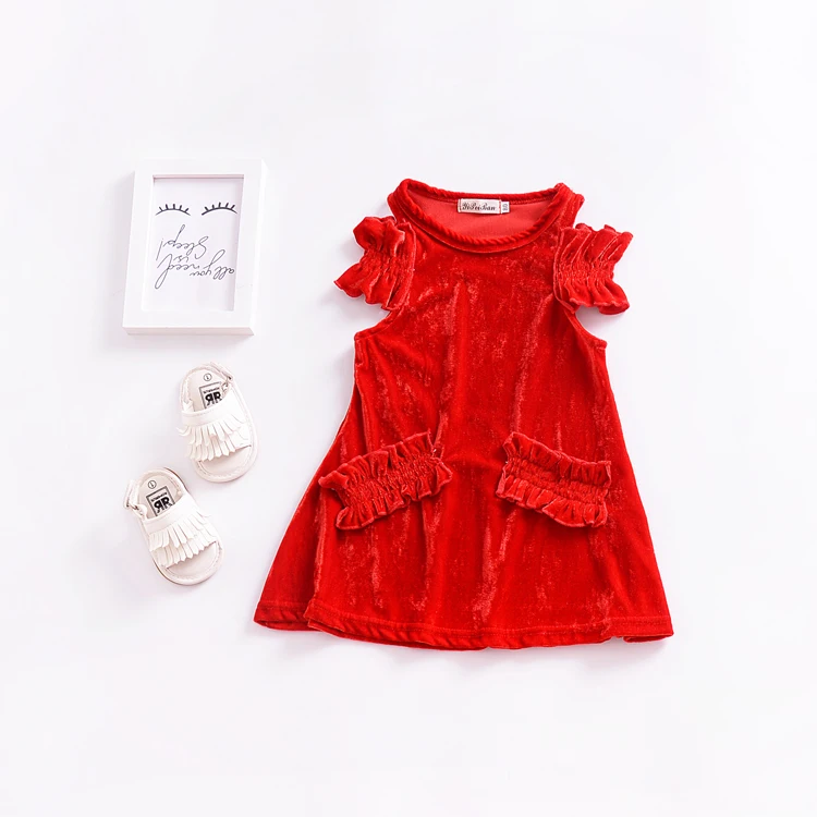 Ins Europe and the United States summer girls baby gold velvet dress children's off-the-shoulder lace sleeve princess dres | Детская
