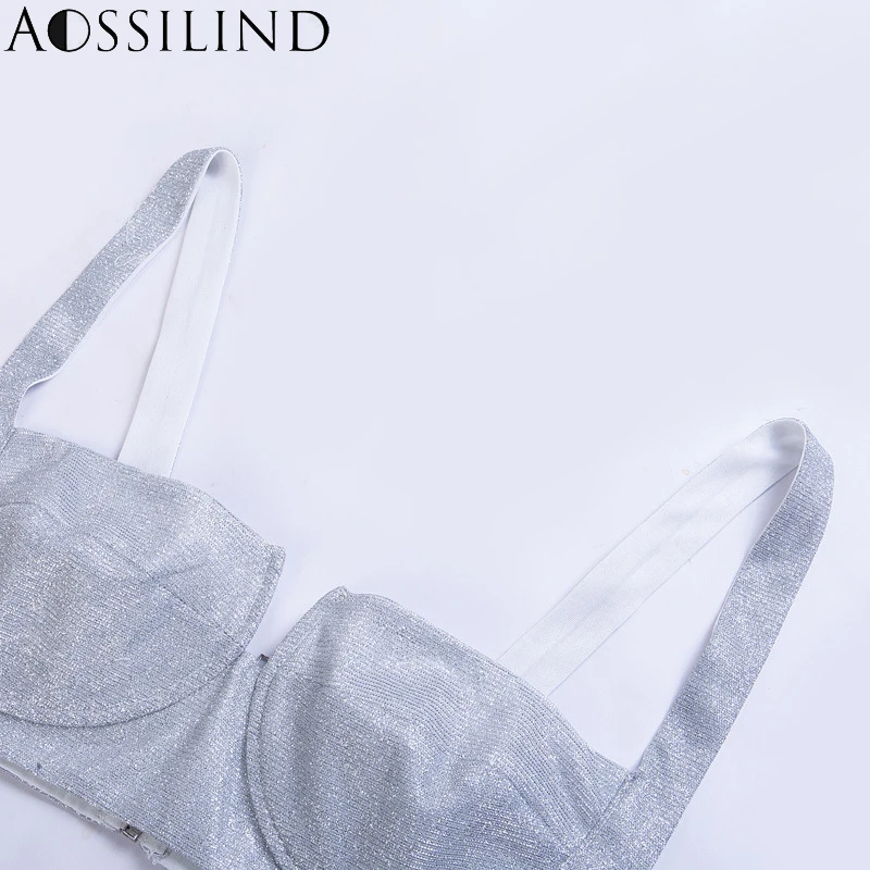 AOSSILIND, серебряные, блестящие, на бретельках, сексуальные, открытая спина, кроп-топы, весна-лето, женская мода, на молнии сзади, для вечеринок, Клубные топики