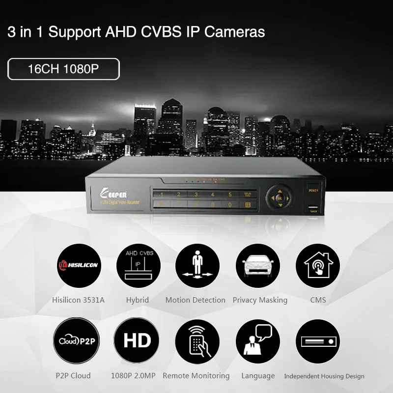 Хранитель 16-канальный 1080 P AHD DVR Hybrid Рекордеры для видеонаблюдения 3 в 1 Поддержка IP