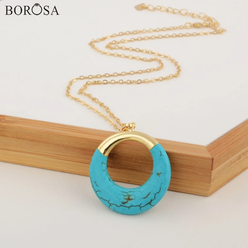 BOROSA Blue Earth Stone ожерелье Круглый Круг натуральная бирюза кулон ювелирные изделия