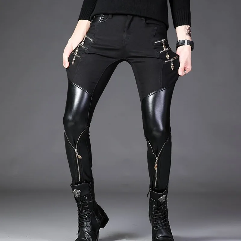 

Spring Korean Style Mens Black Leather Pants Faux PU Leather Motorcycle Skinny Personalized Zipper ROCK Hombre Pencil Pants