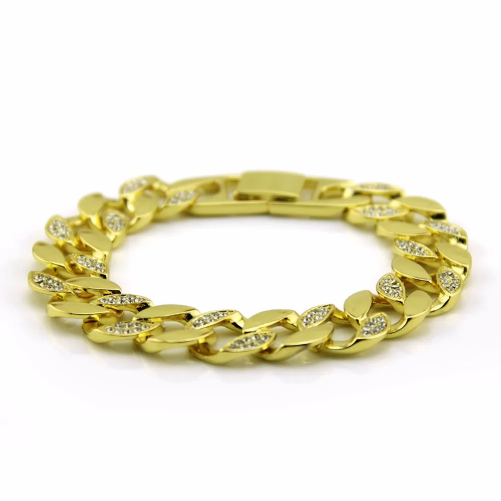 14 мм мужской браслет в стиле хип хоп Miami Curb золотистый серебристый со стразами