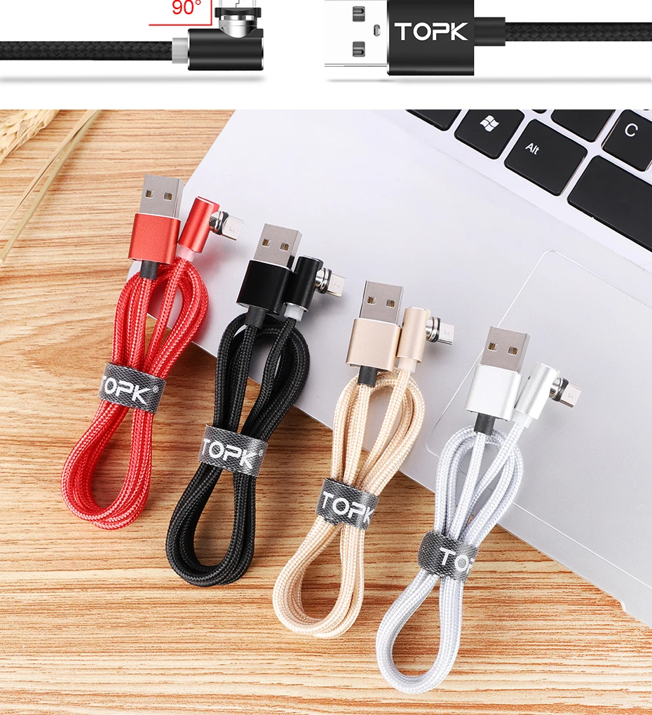 TOPK AM51 90 градусов светодиодный Micro USB кабель Магнитный зарядный кабель для iPhone samsung Xiaomi usb type C Магнитный зарядный кабель адаптер