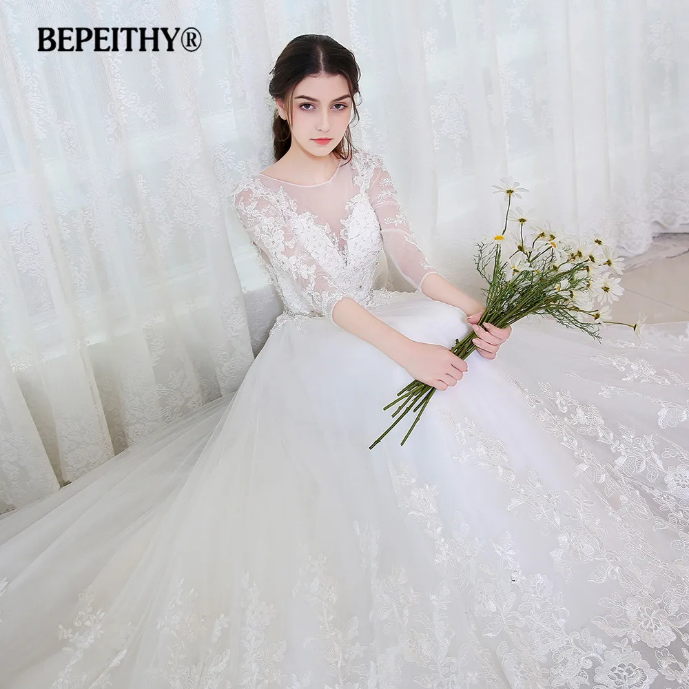 BEPEITHY бальное платье принцессы Свадебное платье полный рукав с поясом Vestido De Novia кружева старинные свадебные платья Casamento