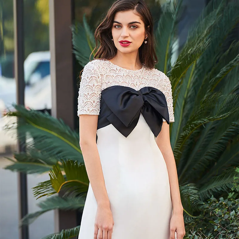 Tanpell bowknot lace cocktail dress elegant ivory knee length a line gown women short sleeves plus custom dresses | Свадьбы и