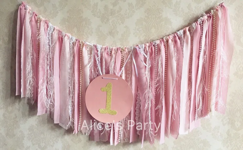 Pale Pink Chiffon Lace banner hot 1st Birthday party garland baby shower Bling one bunting girl first Wedding decorations | Дом и сад