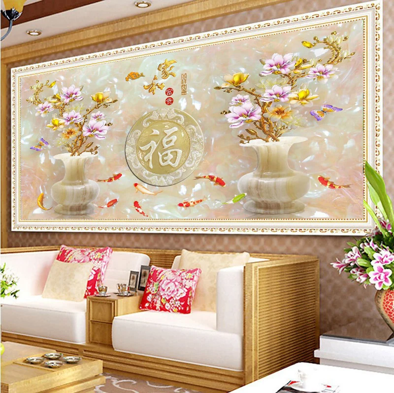 Алмазная вышивка сделай сам Круглый Алмаз цветок магнолии девять рыбок полная