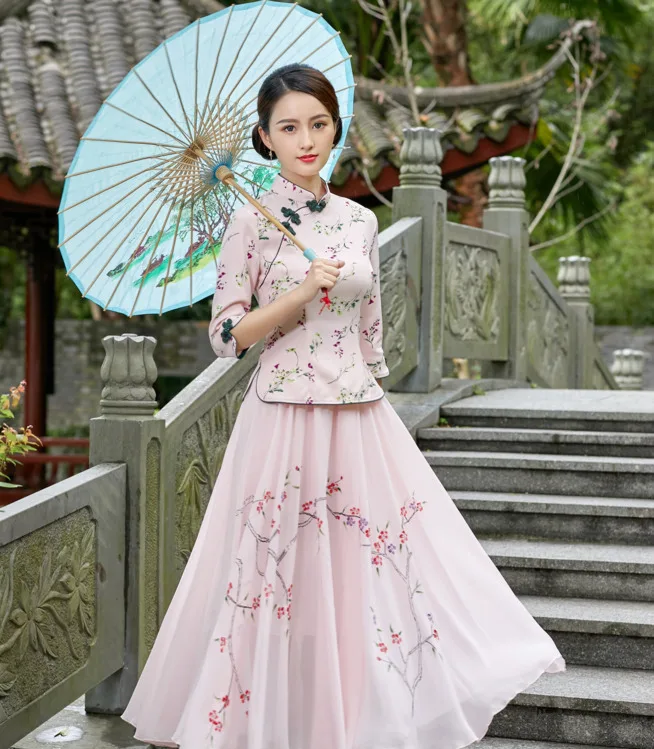 Sheng Coco Китайская традиционная одежда Hanfu женская рубашка Ципао Китай Mujer элегантная Древняя китайская блузка Чонсам Цветочные Топы