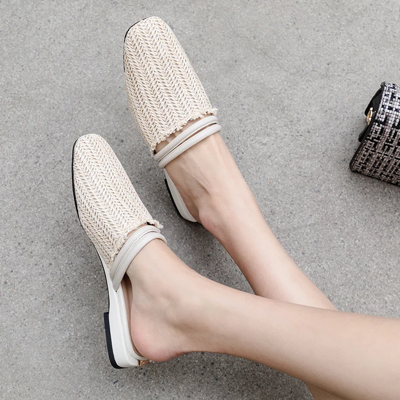 

WETKISS Weave Slippers Women 2019 New Slides Shoes Square Toe Mules Shoes Ladies Low Heels Beach Casual Shoes Female Summer