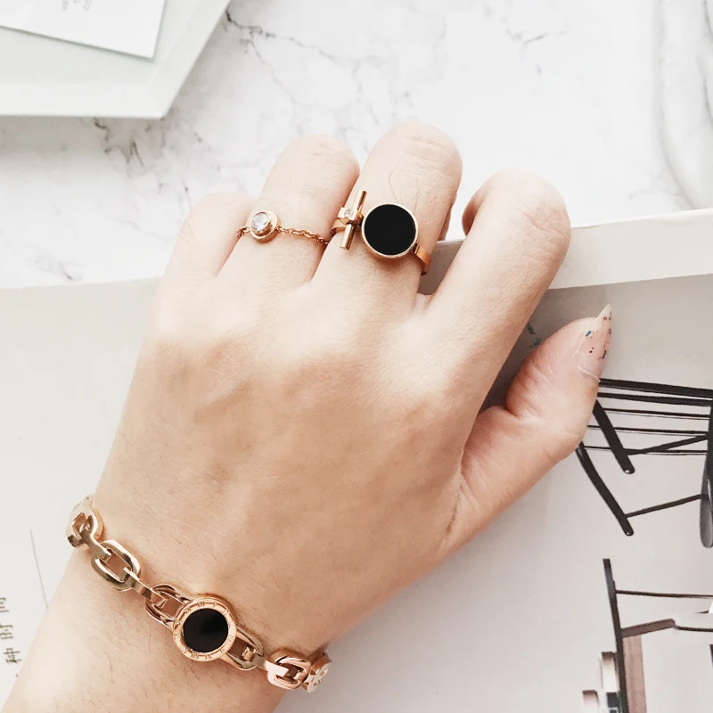 Женские круглые кольца YUN RUO черные с кристаллами розового золота подарок на день