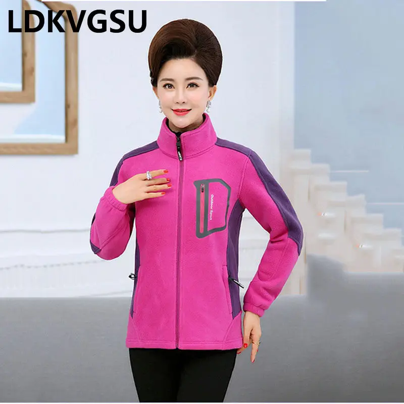 

Middle-aged Women's Fleece Jacket 2018 Autumn Winter Fleece Sweatshirts Coat Woman Casual Color Matching Sports Tops Is1372