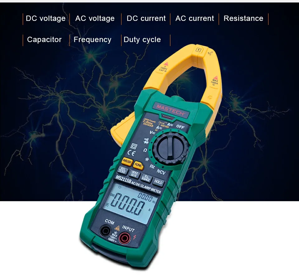 MASTECH MS2115B цифровой токоизмерительный прибор, переменный/постоянный ток, напряжение 6000 отсчетов NCV trms, usb-клещи, мультиметр, тестер 1000A