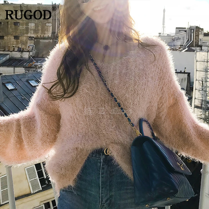 RUGOD 2019 Autumn Winter Loose Sweater Fashion V-Neck Lantern Sleeve Soft Plush Pullover Ladies befree Women harajuku | Женская одежда