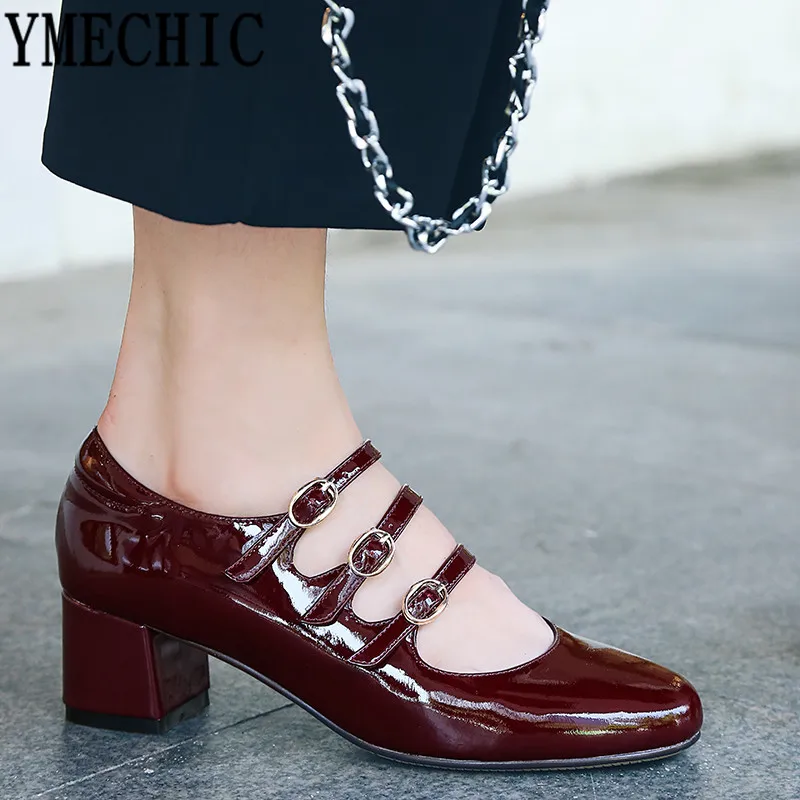 YMECHIC 2019 Ретро черный блочный каблук обувь женские лакированная телячья кожа Мэри
