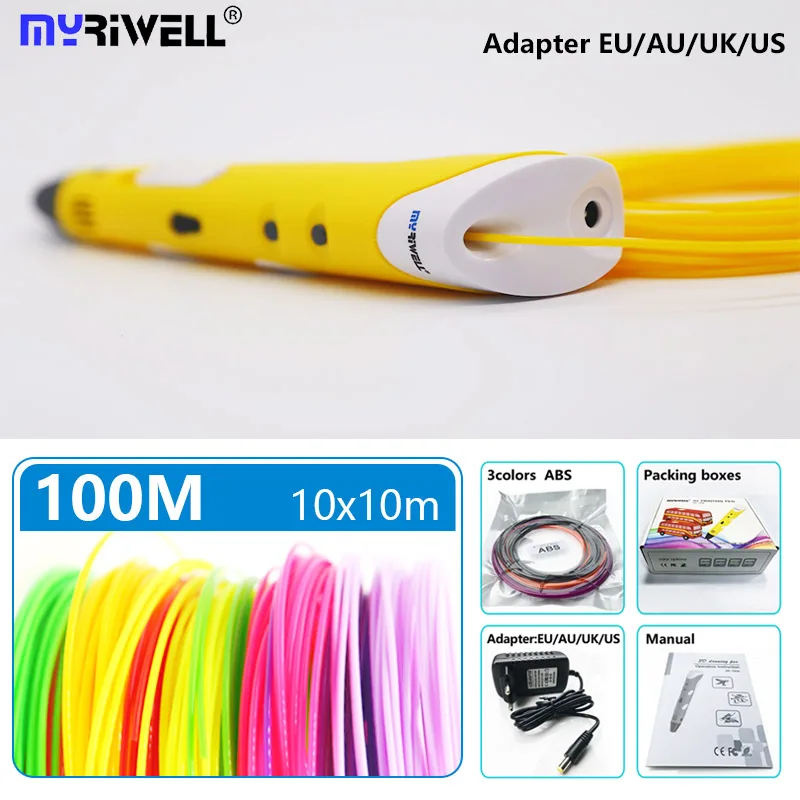 Myriwell 3d Ручка rp 100a 1,75 мм abs нить pla 3d ручка с принтом 3 d ручка умный ребенок подарок на день рождения игрушки abs пластик 3D Ручка - Цвет: yellow ABS10color